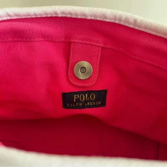 SOLD❗️ Polo Ralph Lauren Small Canvas Tote Big Pony Logo White Blue Preppy Bag - Picture 9 of 11